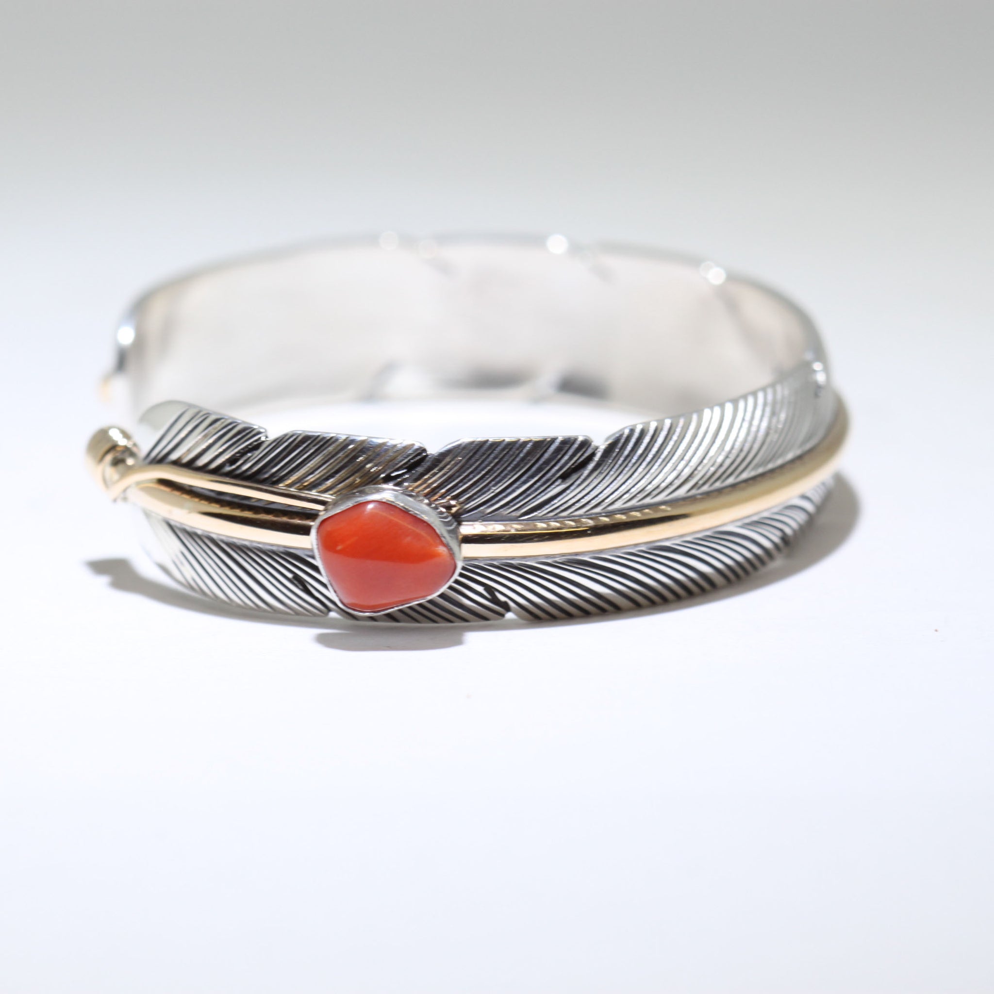 Feather Bracelet by Harvey Mace (0.5") with Red Coral