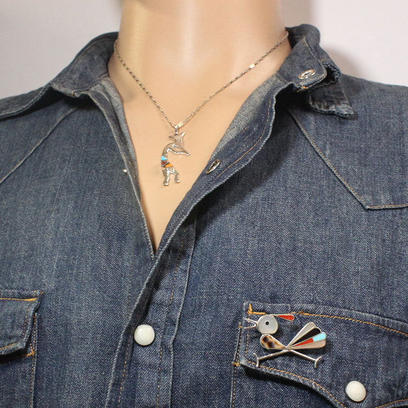 Roadrunner Inlay Pin Pendant by Zuni