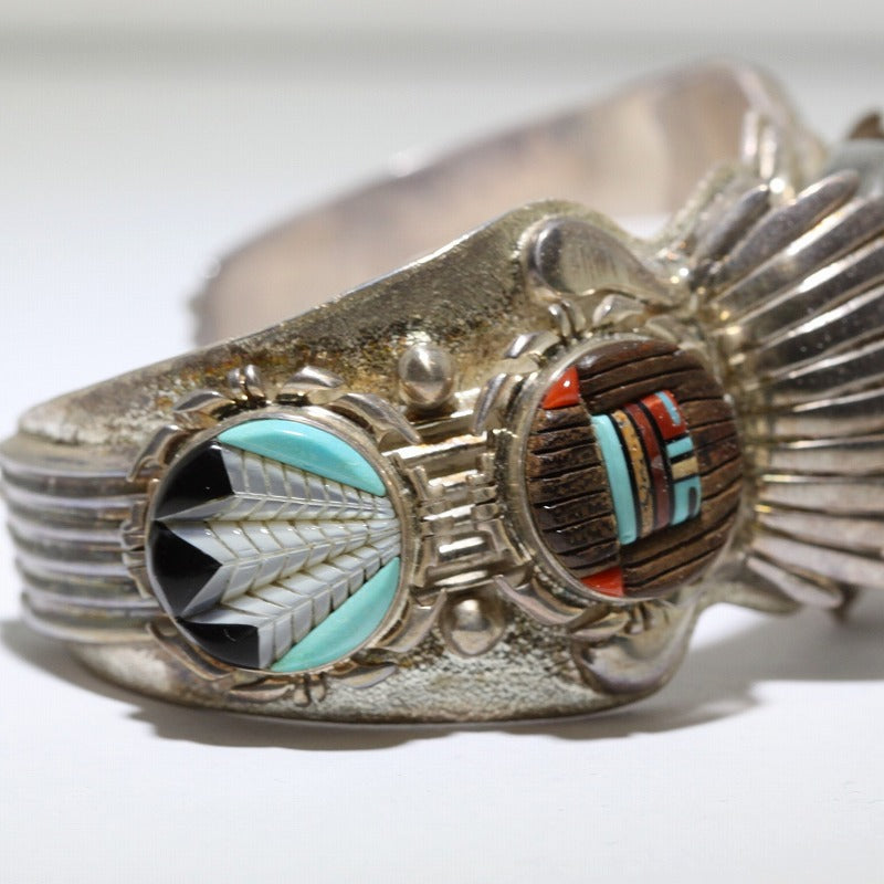 Fred Peters Vintage Native American Navajo Turquoise Inlay Sterling Silver Bracelet
