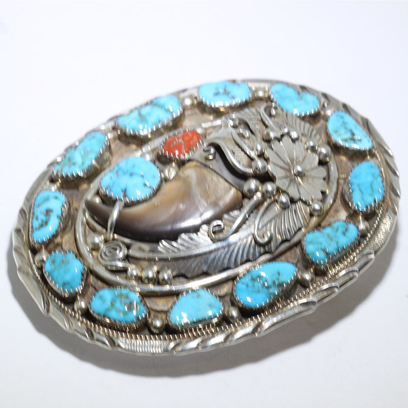 Sterling Silver Turquoise and Coral Buckle