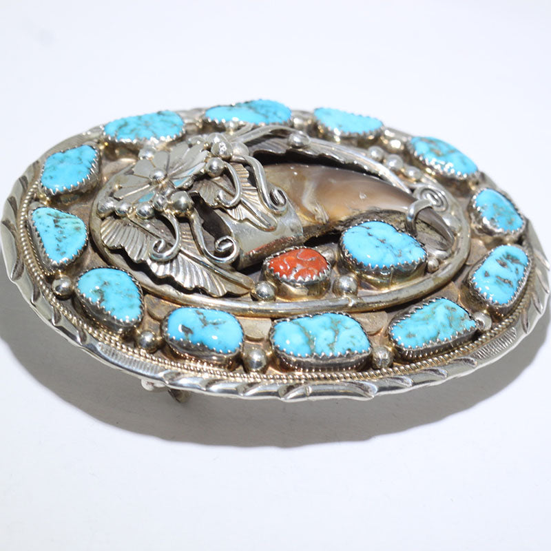 Sterling Silver Turquoise and Coral Buckle
