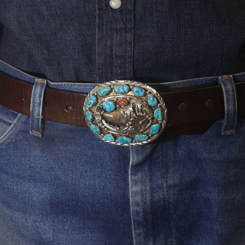 Sterling Silver Turquoise and Coral Buckle